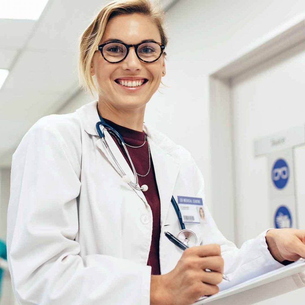 This is the key figure for our business unit Healthcare-Medical and shows a female doctor in a white coat.